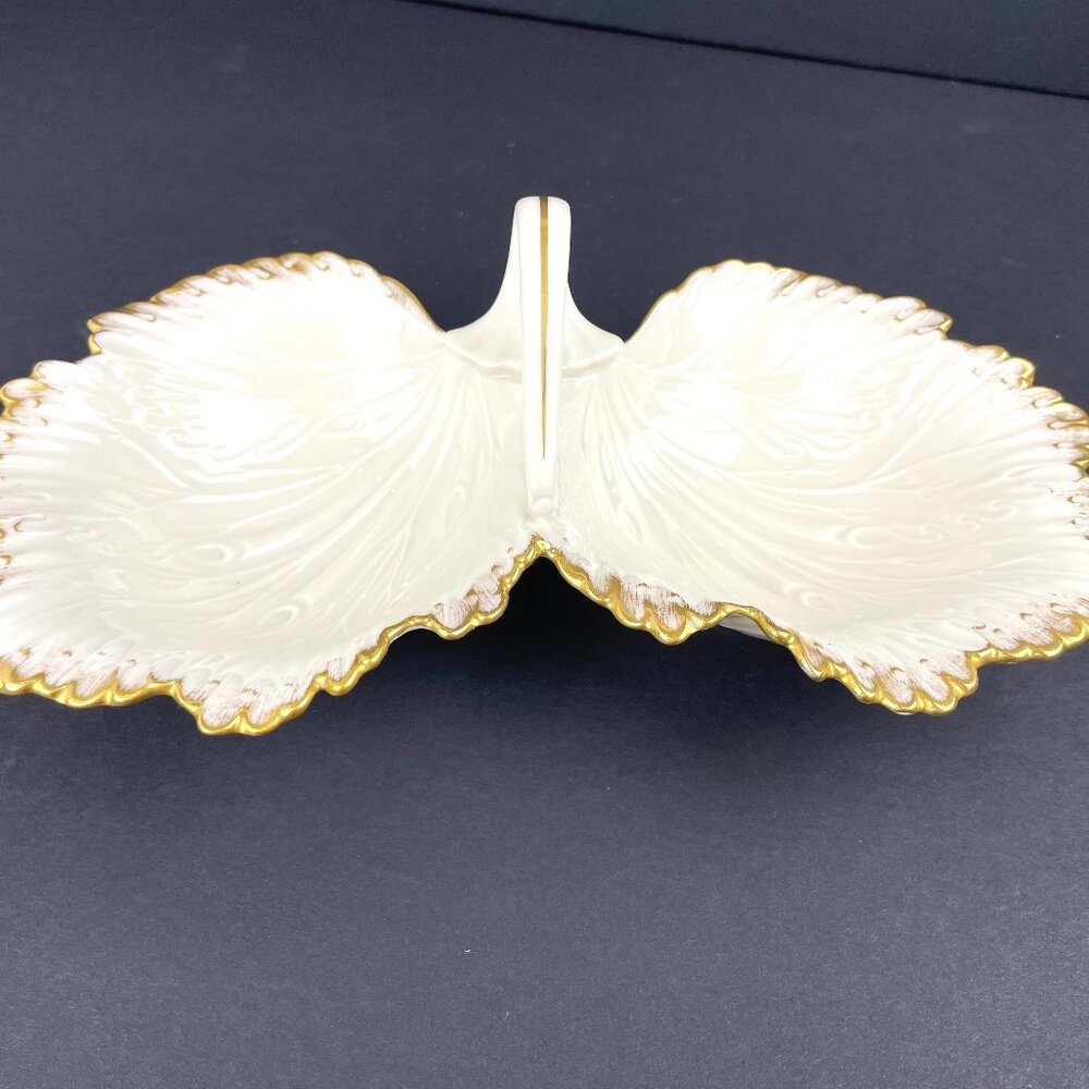 Lenox Double Leaf Candy Dish With Handle Hand Decorated 24K Gold Trim USA